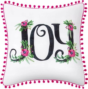 Dekoratív párnahuzat Joy 45x45 fehér rózsaszín felirat pomponokkal