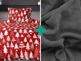 KARÁCSONYFÁK piros flanel ágynemű  + SOFT sötétszürke mikroplüss lepedő  90x200 cm