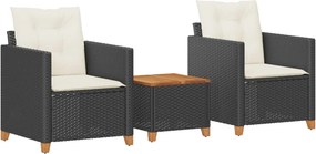 vidaXL 3 részes fekete polyrattan és akácfa bisztrószett párnákkal