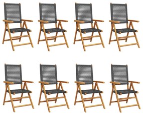 8 db fekete polyrattan és tömör fa dönthető kerti szék
