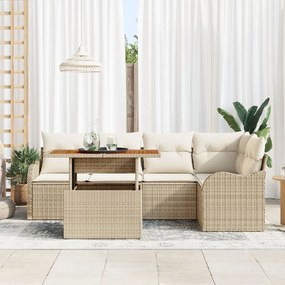 6 darabos Kerti Kanapé Készlet Párnákkal Bézs Poly Rattan Akácia, 2-személyes Kerti Kanapé Párnákkal Bézs Poly Rattan