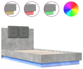betonszürke ágykeret fejtámlával és LED-világítással 75x190 cm