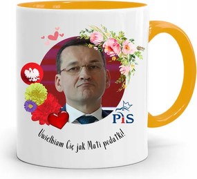 Sárga Politikus Bögre Mateusz Morawiecki Miniszterelnök fényképes nyomtatással