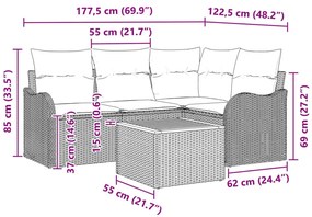 5 részes kertből ülőgarnitúra párnákkal fekete poli rattan akáccal, 2 személyes kertből kanapé párnákkal fekete poli rattan
