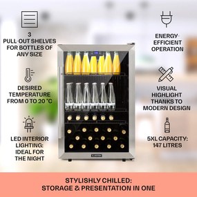 Klarstein Beersafe 5XL, hűtőszekrény, 148 liter, 3 polc, panoráma üvegajtó, rozsdamentes acél