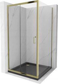 Mexen Apia zuhanykabin tolóajtóval 90 (ajtó) x 90 (fali) cm, 5mm átlátszó üveg, arany profil + fekete SLIM zuhanytálca, 840-090-090-50-00-4070G