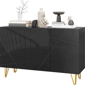 HOMCOM Oldal szekrény nappaliba, Előszobai Oldal szekrény 3 Ajtóval és Állítható Polcokkal, Tároló Szekrény Konyhába 120x40x75 cm Fekete Magas Fény |