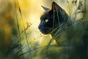 Fotótapéta Flizelina Portré Állat Fekete Macska Fű Nap 312x219 ragasztó