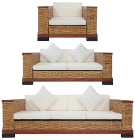3 részes barna természetes rattan kanapészett párnákkal
