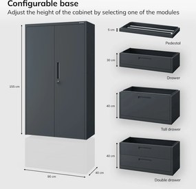 MEGAN moduláris többfunkciós fém szekrény lábazaton, antracit, 1600 x 900 x 400 mm