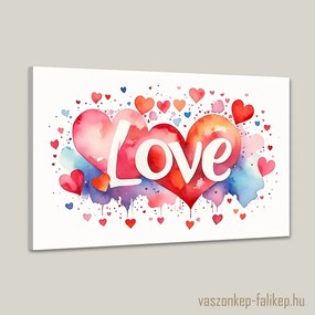LOVE felirat szívecskékkel – romantikus prémium falikép 60x40 cm