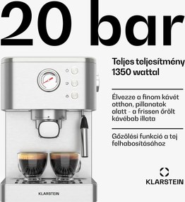 Klarstein SteelPresso kávégép portaszűrővel, Kompakt, 20 bar, Gőzölő, fűtőlap