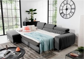 Sötétszürke bársony kinyitható-tárolóhelyes sarokkanapé (bal oldali-heverő résszel) Grayson – ELTAP