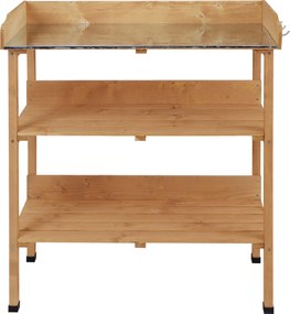 Outsunny 3-Tier Fa Ültető Asztal Kertészet Asztal Fém Felülettel, 2 Polccal és Akasztókkal, Időjárásálló Kert Terasz Erkély 76x37x89 cm Természetes Fa