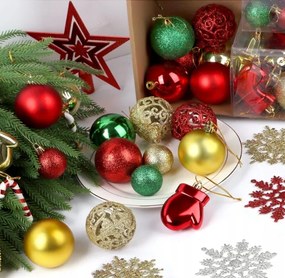 73 darabos műanyag karácsonyfadísz szett, karácsonyi dekorációhoz.