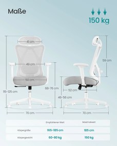 SONGMICS ergonomikus irodai szék, magasságállítható, fehér-szürke