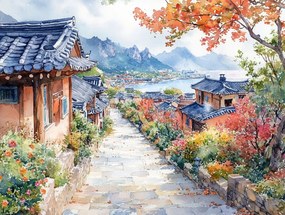 Vászonkép Canvas Hanok Hagyományos Korea Hegyek Ősz Öböl 100x75