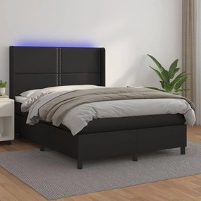 Fekete műbőr rugós ágy matraccal és LED-del 140 x 190 cm