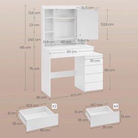 VASAGLE sminkasztal LED-világítással, székkel, felhőfehér színben