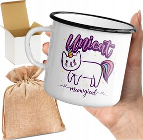 Bögre_emalinált Nyomott Mintás Unicat Meow Aranyos Cica Macska Nyomott Minta