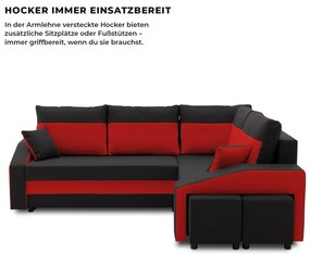 Grande sarokkanapé polcokkal és puffokkal , polc a bal karfaban puffok a jobb karfaban, jobboldali, szövet anyag, hab töltet, fekete - piros