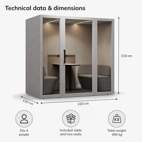 INBOX akusztikai irodai fülke 4 személyes, 2200 × 2200 × 1220 mm