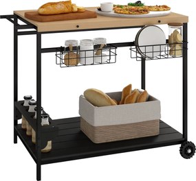 Outsunny Fa Görgős Tálalókocsi 2 Polccal, 2 Fém Kosárral és Boros Üveg Tartókkal Kerthez és Teraszhoz 97,5x65x81 cm Természetes és Fekete | Aosom