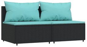 2 db fekete polyrattan kerti középső kanapé párnákkal