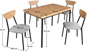 Étkezőgarnitúra 1+4, világos tölgy/szürke/fekete, MADIO