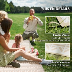 Outsunny Kétoldalas Kerti Szőnyeg 3,7 x 2,7 m, időjárásálló polipropilén talajmatrac geometrikus falmintával, hordtáskával, kültéri teraszszőnyeg, kha