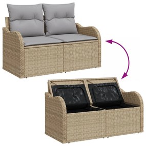 8 részes bézs poly rattan kerti kanapé szett párnákkal, 2 személyes kerti kanapé tárolóval és párnákkal bézs poly rattan