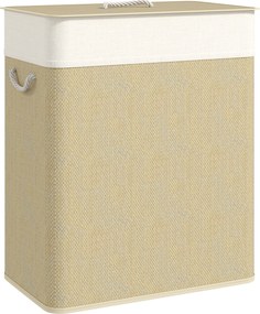 HOMCOM Bambusz Ruhatároló Fedéllel 100L Ruhás Kosár 2 Rekeszsel, Kivehető Belső Táskával a Mosókonyhához és Hálószobához, 52x32x63 cm Natúr | Aosom