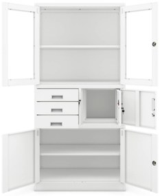 Fém iratszekrény széffel, vitrinnel és fiókokkal FILIP, 900 x 1850 x 400 mm, fehér