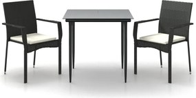 vidaXL 3 részes fekete polyrattan kerti étkezőgarnitúra párnákkal