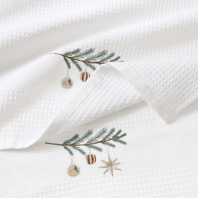 Goldea karácsonyi hímzett waffle konyharuha - gömbök az ágon fehér háttéren 50 x 70 cm