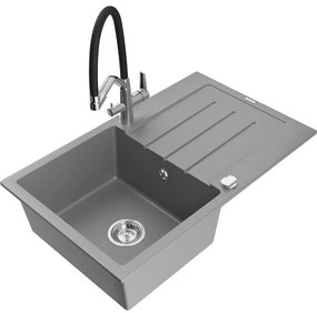 Mexen Bruno egykamrás gránit mosogató csepegtetővel és Duo konyhai csappal, szürke - 6513-71-671701-07