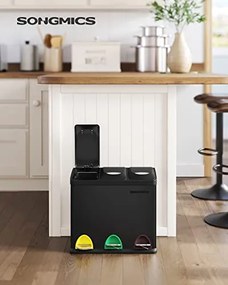 Kis szelektív konyhai hulladékgyűjtő, pedálos fedéllel, 3 x 8 literes  vödörrel, acél, fekete