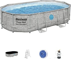 Bestway ARUBA rattan hatású fémvázas ovális medence szett ablakkal 488 x 305 x 107 cm