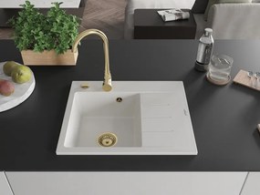 Mexen Ben gránit mosogató 1-medencés csepegtetővel, balos 600 x 500 mm, fehér, arany szifon - 6522605000-20-G