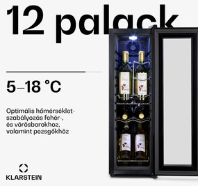 Klarstein Shiraz 12 Slim, borhűtő, 32 liter, 12 palack, 85 W, 5 – 18 °C, érintőképernyős vezérlőpanel