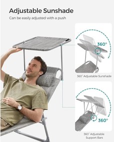 Összecsukható napozóágy napellenzővel 53 x 193 x 29,5 cm, 150 kg-ig terhelhető, Greige