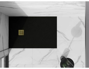 Mexen, Mexen Stone+ kompozytowy prostokątny brodzik 140 x 80 cm, czarny, zlota maskownica - 44708014-G