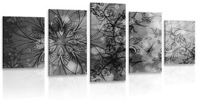 5 részes kép virág Mandala fekete fehérben