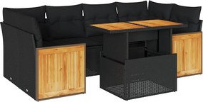 vidaXL 7 részes fekete polyrattan akácfa kerti ülőgarnitúra párnával