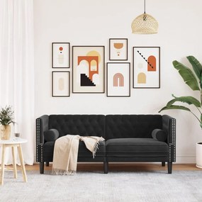 2 személyes fekete bársony Chesterfield kanapé hengerpárnákkal