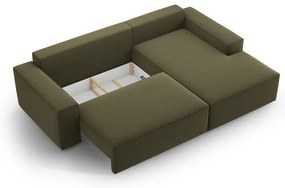 Zöld bársony kinyitható-tárolóhelyes sarokkanapé (jobb oldali-heverő résszel) Jodie – Micadoni