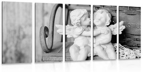 5-részes kép angyalka szobrok a lócán fekete fehérben