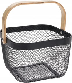 Drótkosár nyírfa fogantyúval, fekete (25x24,5x18 cm)