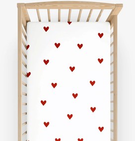 Goldea gyermek körgumis pamut lepedő kiságyba - piros szívecskék, fehér alapon 60 x 120 cm