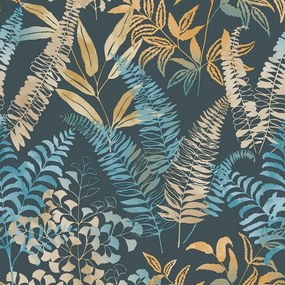 Sötétkék vinil tapéta flizelin sárga kék levelek növény